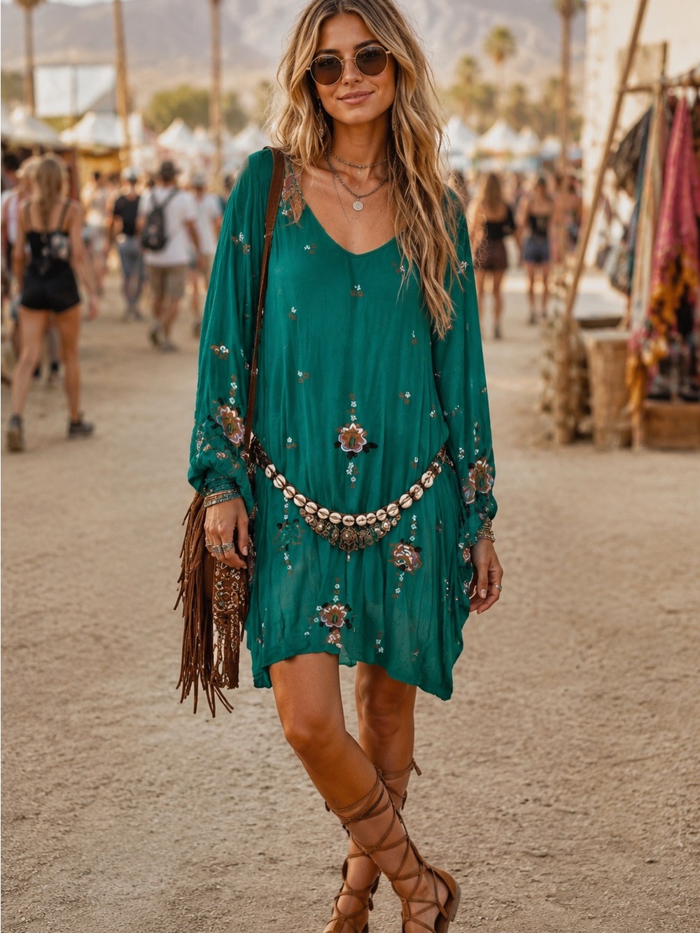Free People Teal Floral Embroidered Long Sleeve Dress SZ S